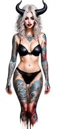 Sexy Pale Girl, petite, big boobs, wide hips, G-String. Messy hair, demonic horns, sexual. Seductive smile. Full Body tattoo design idea