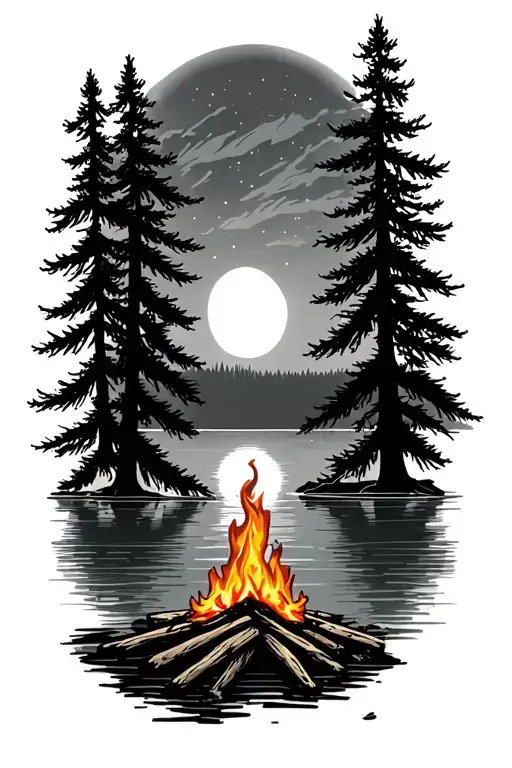 camp fire on a lake with pine trees and a moon tattoo design idea