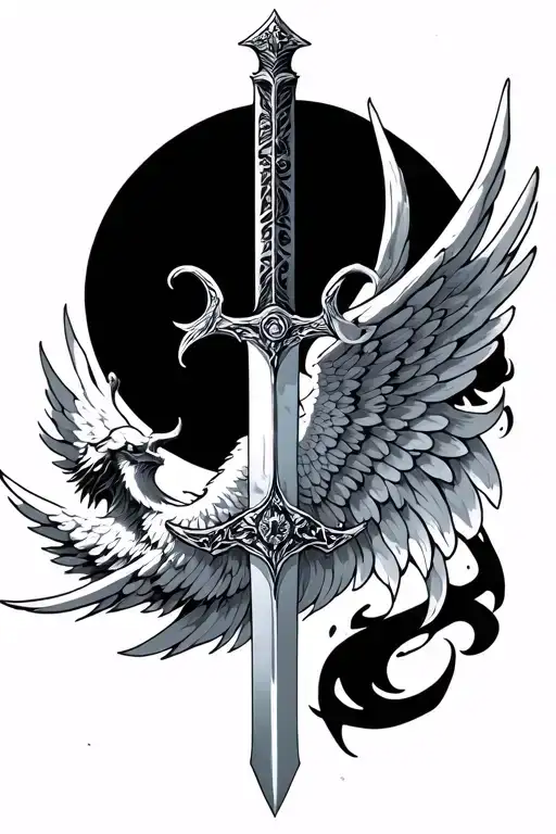long sword with angel and demon wing tattoo design idea