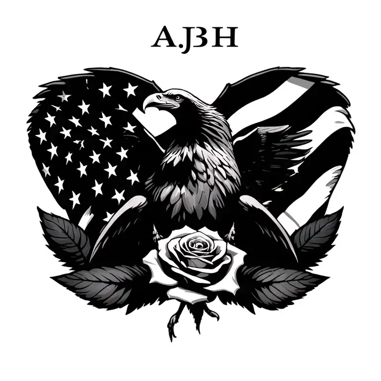 "AJBH" american flag eagle and a rose intertwined tattoo design idea