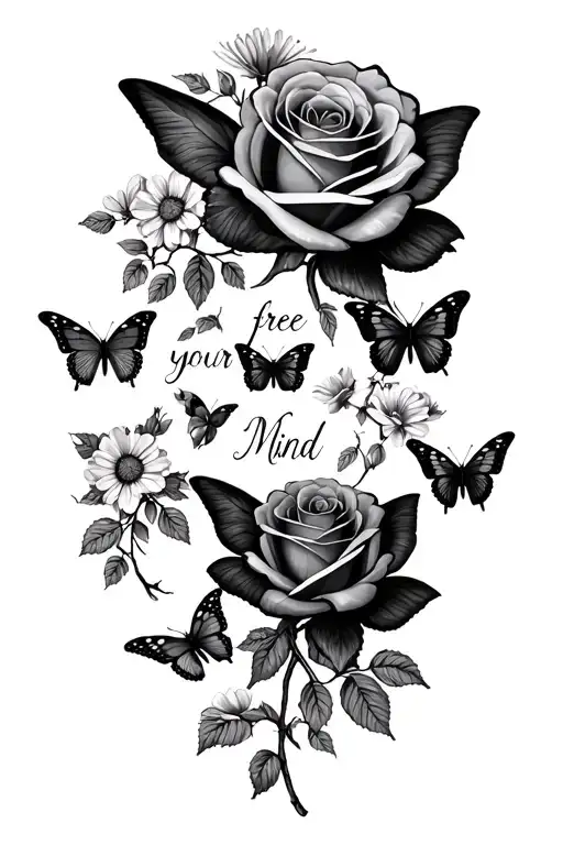roses ,some wild flowers wrapped ,spaced out medium sized  butterflies , vine , small  "free your mind" mirrored gemini tattoo design idea
