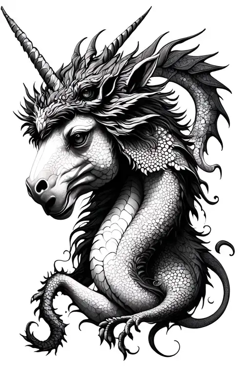 gryphon, unicorn and dragon interconnected around the face of a fairy tattoo design idea