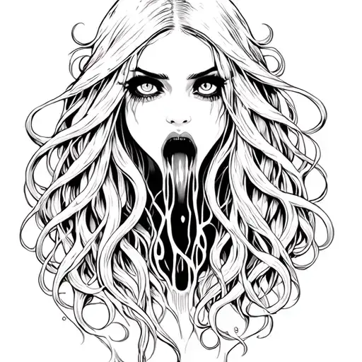 Witch with long hair, in black. Eyes are empty, black, osminog tentacles stick out from the mouth tattoo design idea