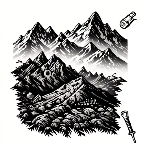 A black and grey tattoo of a mountain range with a hidden message in Morse code, incorporating elements of rockabilly style and bottle digging tools tattoo design idea