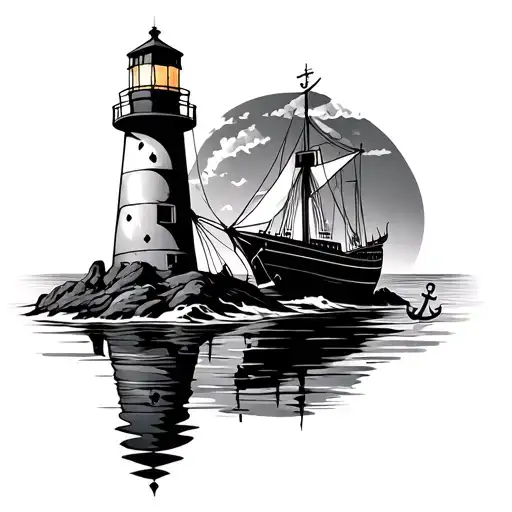 lighthouse and boat and anchor connect tattoo design idea