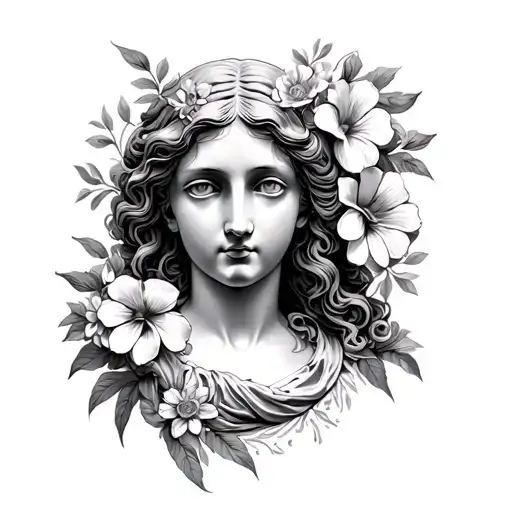 Birth of Venus de Milo with flowers black and grey portrait tattoo design idea