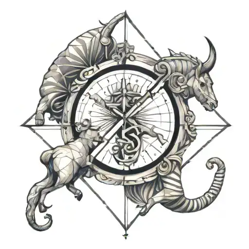 Design a geometric representation of the Capricorn Sagittarius cusp with hidden occult symbols tattoo design idea