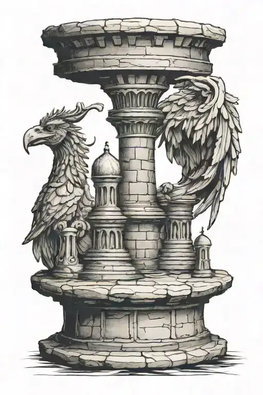 old castle fort resembling a rook chess piece with roman letters engraved tattoo design idea