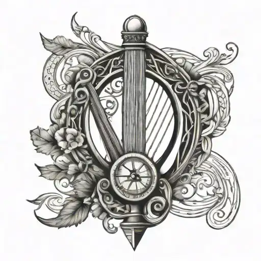 Irish harp and compass intertwined tattoo design idea