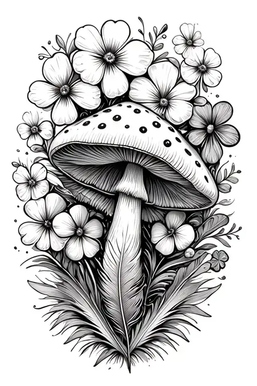 mushroom, ladybug, four leaf clover, seven pointed star, flowers, feather, mandala tattoo design idea