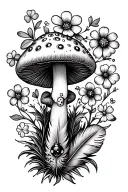 mushroom, ladybug, four leaf clover, seven pointed star, flowers, feather, mandala tattoo design idea