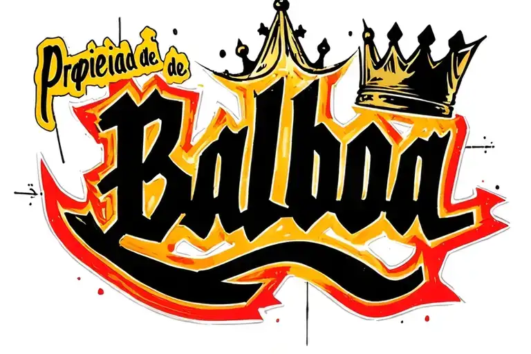 write "Propiedad de" in small letters and "Balboa" in big letters graffiti style under a 5 point crown tattoo design idea