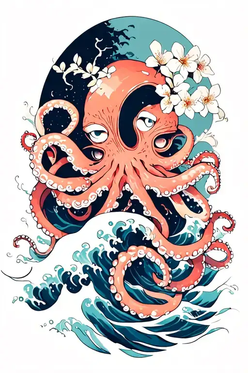 japaense water waves, cherry blossom scattered, octopus tentacles wrapped around tattoo design idea