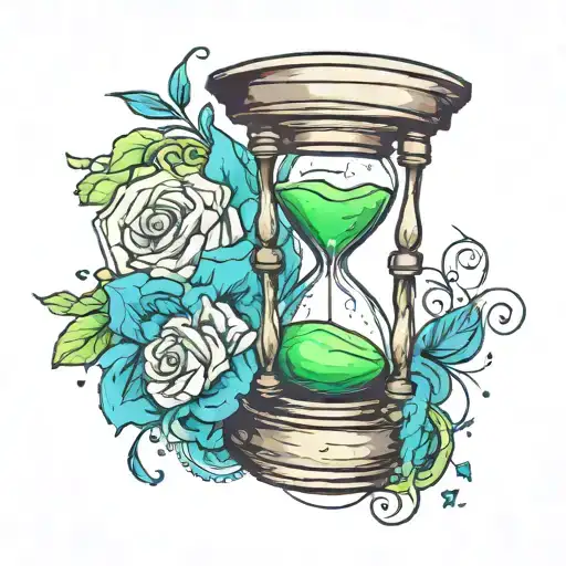hourglass in color scheme: blue, green in brush stroke style with stains tattoo design idea