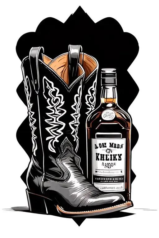 cowboy boots and whiskey bottle tattoo design idea