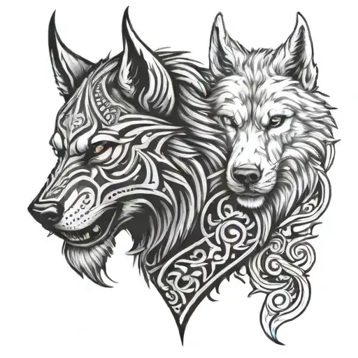 viking and wolf head tattoo design idea