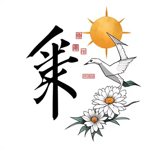 Japanese kanji with origami crane, kanji, sun and Chrysanthemum tattoo design idea