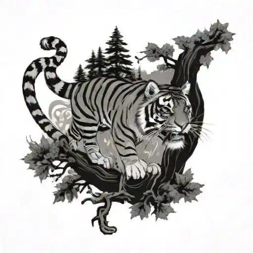 Forest scene with a tiger sitting in a tree in a with a traditional Japanese dragon flying in the background tattoo design idea