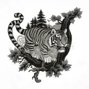 Forest scene with a tiger sitting in a tree in a with a traditional Japanese dragon flying in the background tattoo design idea