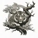 Forest scene with a tiger sitting in a tree in a with a traditional Japanese dragon flying in the background tattoo design idea