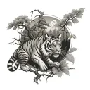 Forest scene with a tiger sitting in a tree in a with a traditional Japanese dragon flying in the background tattoo design idea