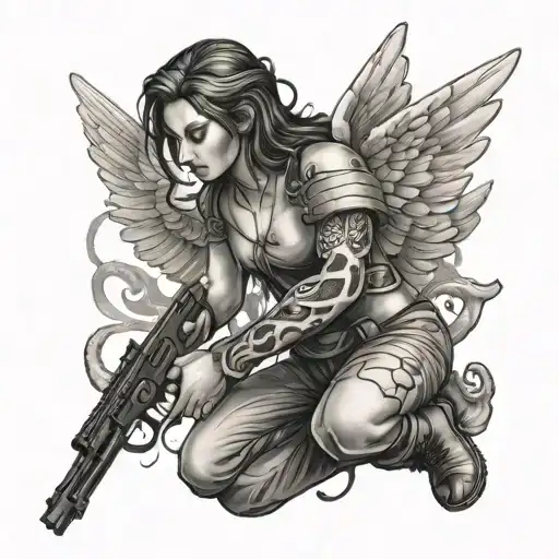 fallen stone angel with a gun and snake wrapped tattoo design idea