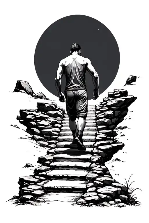 Design a blackwork tattoo showing a man walking up rugged, rocky stairs. Along the staircase, various obstacles try to h tattoo design idea