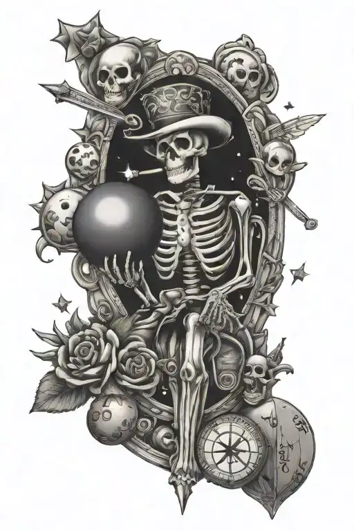 1 date on billiard balls + 1 date on tarot cards + bike + skeleton + stars tattoo design idea