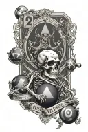 1 date on billiard balls + 1 date on tarot cards + bike + skeleton + stars tattoo design idea