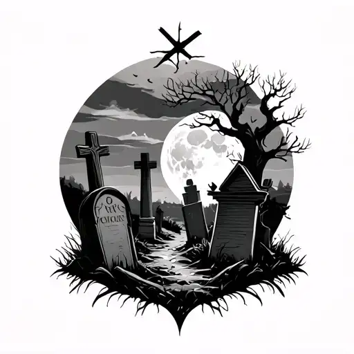 abandoned graveyard and full moon tattoo design idea