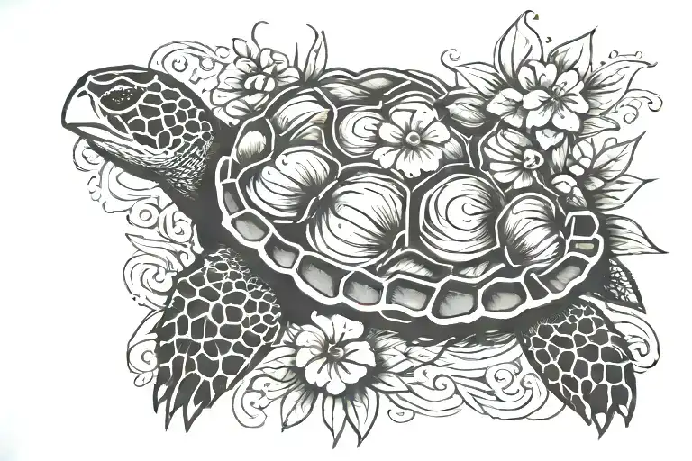 turtle tropical flower tattoo design idea