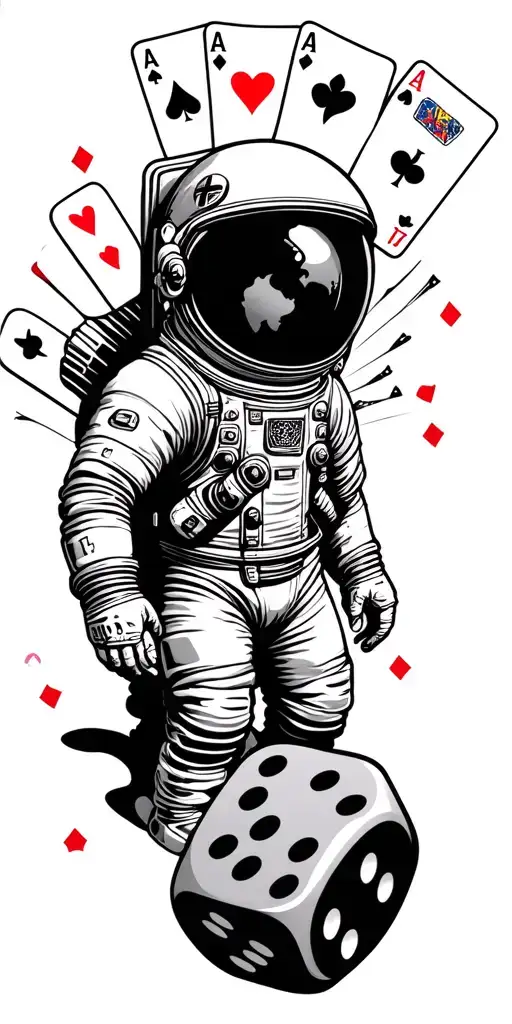 world and astronaut and playing cards and dice and Texas vibe on top  tattoo design idea