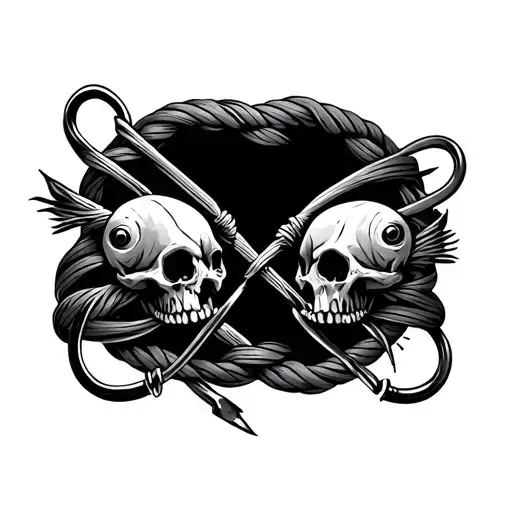 band style tattoo with two fishing hooks connecting and have fishing line wrapped around tattoo design idea