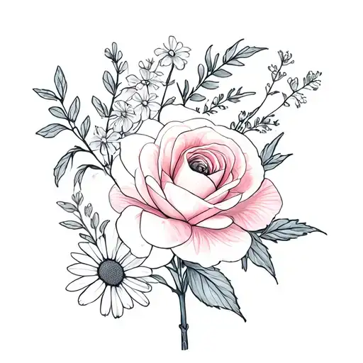 1 camellia, 1 heliotrope, 1 baby’s breath, 1 forget me not, 1 rose, 1 salvia, 1 daisy, 1 gladiolus,  1 edelweiss tattoo design idea