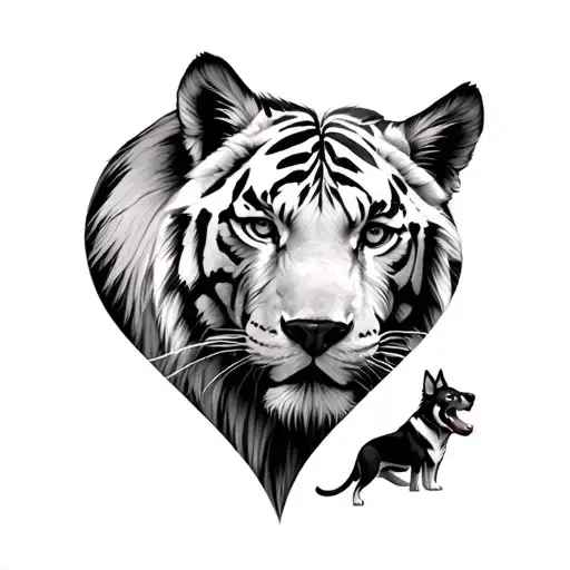 of a white tiger with a lion and another husky dog ​​in the shape of a heart tattoo design idea