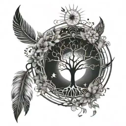 Tattoo Tree of Life in a circle, Sun, Stars, Dreamcatcher tattoo design idea