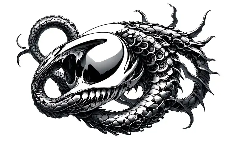 Surreal biomechanical chrome ouroboros, Y2K aesthetic, bicep design tattoo design idea