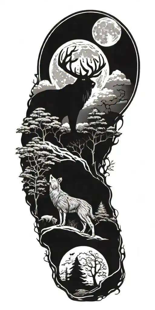nature, bear, deer, owl, wolf howling at the moon tattoo design idea