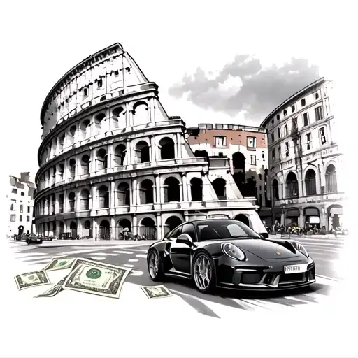 colosseum whith a street below and a black porsche 911 on the street that is trowing 100€ bills out of it  tattoo design idea
