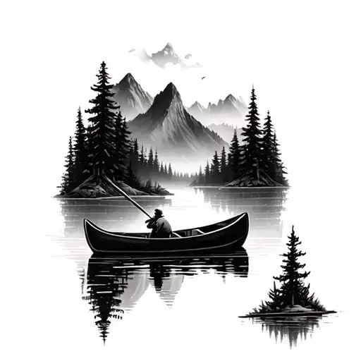 canoe in foggy forested pacific northwest mountains tattoo design idea