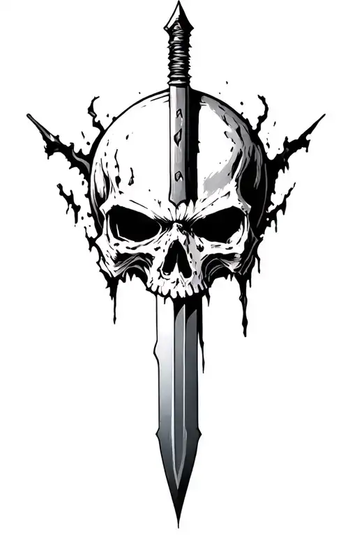 serrated blade, skull head, massacre, sejmitar, darkest dungeon tattoo design idea