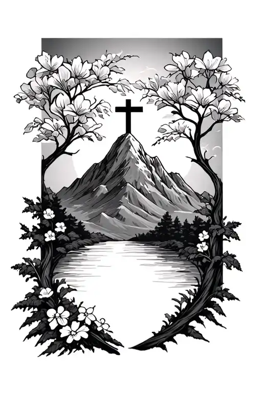 mountain with dogwood trees and flowers with a cross that is in the blank space tattoo design idea