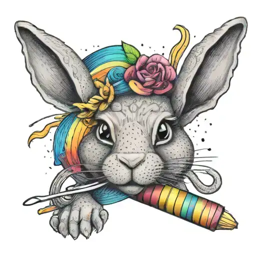 A playful tattoo design of a rabbit holding a rainbow-colored phallic object, symbolizing love and acceptance horny for  tattoo design idea