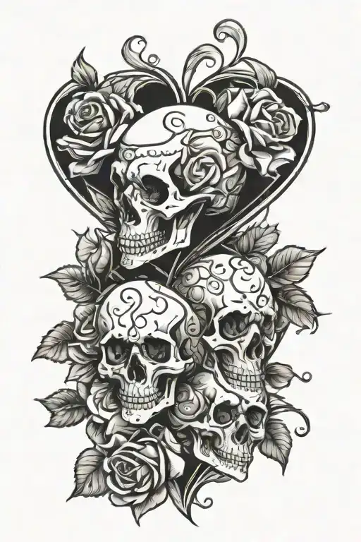 4 skulls and roses intertwined hearts tattoo design idea