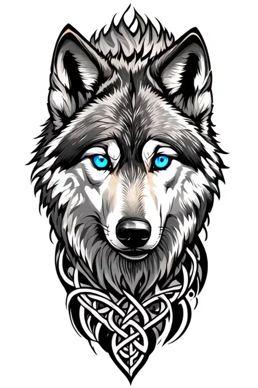 complete realistic wolf with blue eyes tattoo design featuring Celtic  tattoo design idea