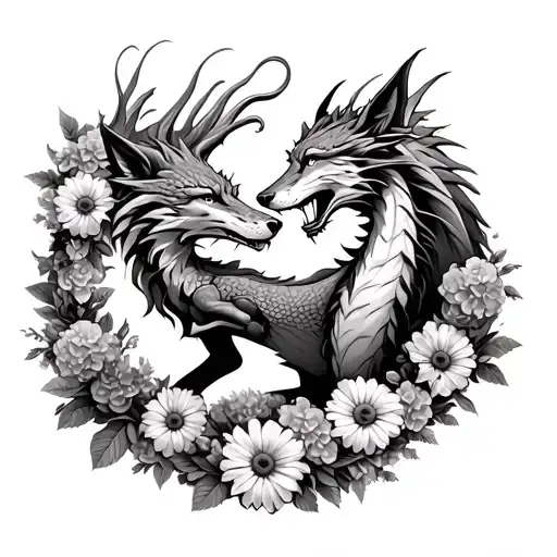 dragon playing with a wolf surrounded by a wreath made of hydrangeas , Gerber daisys, bleeding hearts, and tiger lillys tattoo design idea
