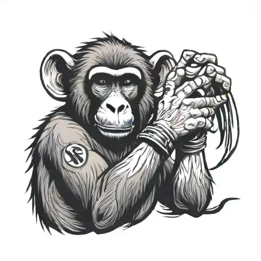 baboon wearing a jiu jitsu gi with taped fingers  tattoo design idea