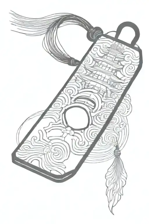 the tip of a pagoda exiting in perspective from one empty blank rectangular japanese omamori charm tattoo design idea
