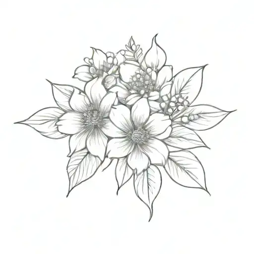 may October July February birth flower bouquet fine line tattoo design idea