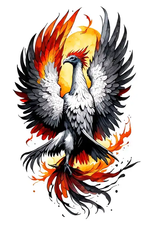 Watercolor style tattoo of a phoenix, vibrant colors, dynamic pose. tattoo design idea